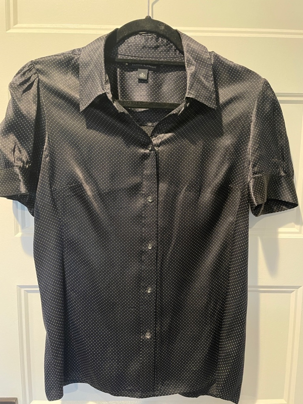 Banana Republic Black Button-Up silky Shirt with White Micro Dot Pattern